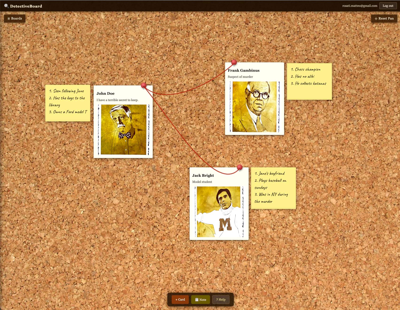 Cork board overview with cards and connections